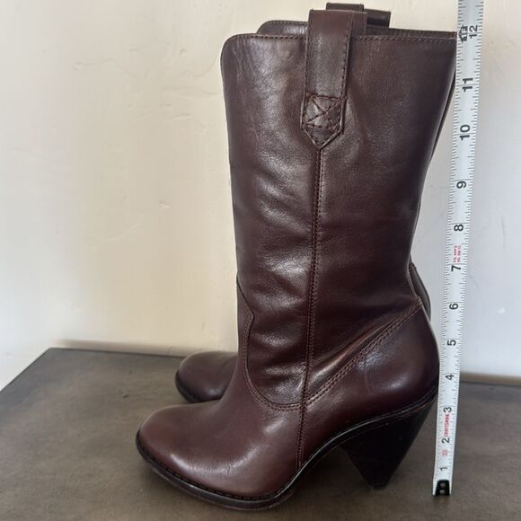 KORS Michael Kors Dark Brown Leather Mid Calf Heeled Boots Pull On Women’s Sz 6M - Picture 13 of 16